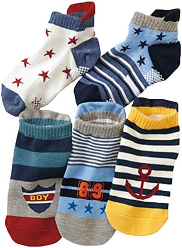 Baby Boy Socks 5 Pack Cute Cartoon Stripe Cotton with Grips Toddler Anti Slip Ankle Walker Crew Socks 4-9 Years