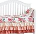 3 pcs Set Boho Floral Ruffle Baby Minky Blanket, Peach Floral Nursery Crib Skirt Set Baby Girl Crib Bedding (Coral)