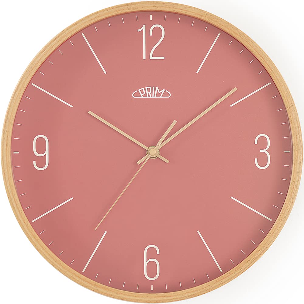 PRIM Wooden Wall Clock in Beautiful Colours, Light Wood and Red, Quartz Movement Sweep, Glass, Wood, Diameter 305 x 40 mm, Modern Style Wall Decoration, Natural Material, for Living Room, Bedroom,