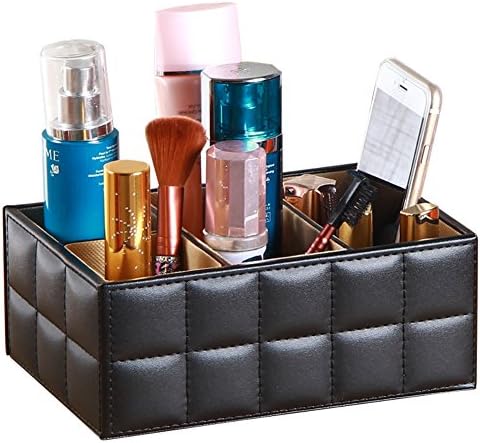 Remote Control Holder, PU Leather TV Remote Control Storage Organizer/Caddy/Rack/Organizer, Pretty Handy Black Media Accessories and Cosmetics Caddy For Bedside, Coffee or End Table (4 Compartments)