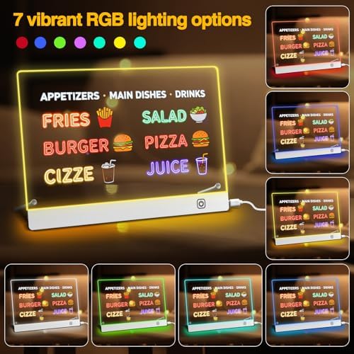 Tablero Acrílico Luminoso con Mensaje LED 30x20cm, Tablero de Notas Acrílico con 7 colores Bolígrafo,Soporte Ajustable,Tablero de Mensajes LED, Tablero de Notas LED Limpiable,para Niños, Adultos