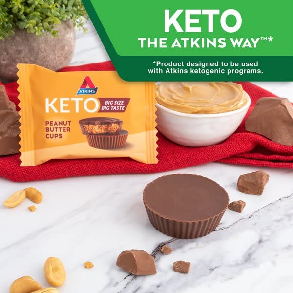 ATKINS KETO PEANUT BUTTER CUPS, NATURALLY FLAVORED, ZERO GRAMS ADDED SUGAR, GLUTEN FREE, 20 COUNT