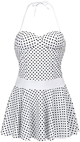 recent Women's One Piece Polka Dot Swimdress Cover up Body Shaping Ruffled Hem Halter Swimsuit