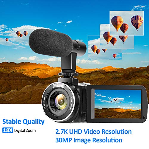 Video Camera Camcorder,Vlogging Camera for Youtube 2.7K Full HD 30MP 18X Digital Video Camcorder with Microphone, Lens Hood,2 Batteries