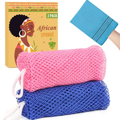 African Net Sponge Authentic - 2 Pack Afro Scrubber Bath Loofah Exfoliating Net Sponge for Shower, African Bath Sponges Exfoliator and Exfoliating Mitt for Most Skin Back Scrub Washer Accessories