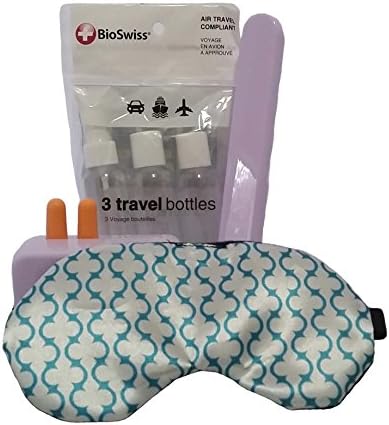 Travel bag kit - 3 pieces: eye mask, toothbrush case, soap dish, ear plugs, 3 travel size bottle 1 spray bottle