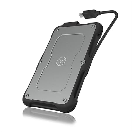 ICY BOX Externes USB-C Gehäuse für 2,5 Zoll HDD/SSD, wasserdicht, USB 3.1 (Gen 2, 10 Gbit/s), integriertes Kabel, silber/schw