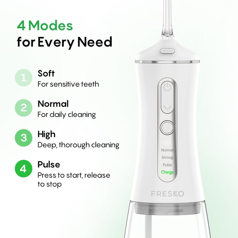 FRESKO Water Dental Flosser, 50-Day Battery Life Oral Irrigator with Constant Pressure, 300ML Water Flosser for Teeth with 5 Nozzles, IPX7 Waterproof, Ideal for Braces and Sensitive Gums