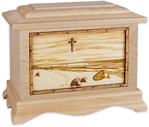 Wooden Cremation Urn - Ambassador Shape with Footprints in the Sand 3-Dimensional Inlay Wood Art Memorial - Funeral Urns for Adults with Christian Cross Beach Artwork (Solid Maple Wood)