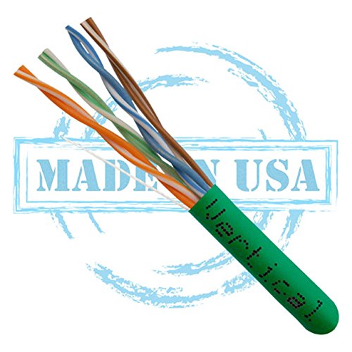 Vertical Cable CAT5E, 350 MHz, UTP, 24AWG, 8C Solid Bare Copper, Plenum, 1000ft, Green, Bulk Ethernet Cable - Made in USA