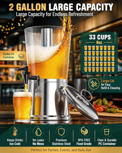 WantJoin Beverage Dispenser with Stand, 2 Gallon Drink Dispenser with Ice Core, Stainless Steel Juice Dispenser with Spigot, Clear PC Beverage Jar for Parties, Buffet, Lemonade, Juice (8 L)