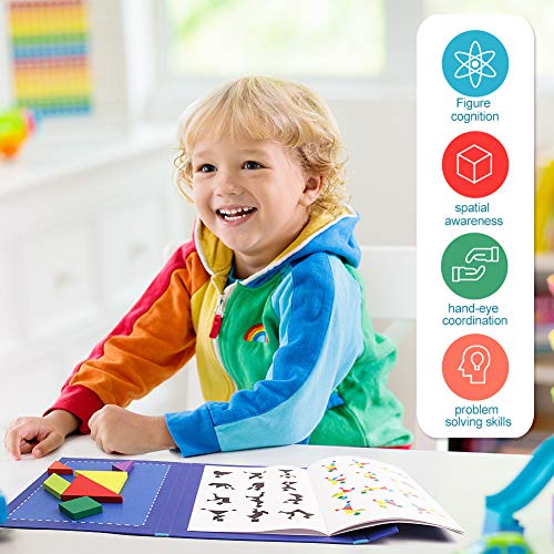 Wooden Pattern Blocks Shapes Tangrams Puzzles for Toddler, Montessori