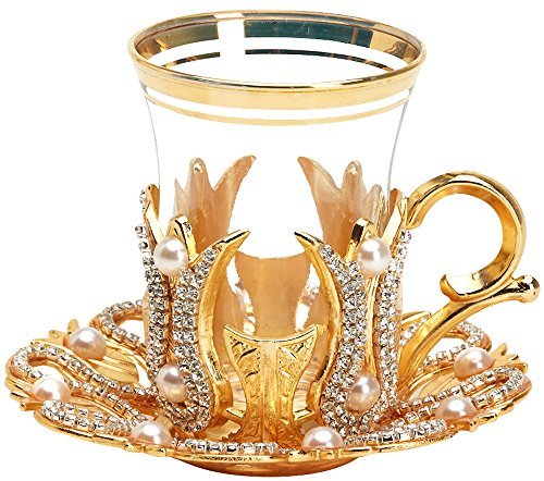Click Here to See More Images (Set of 6) Turkish Tea Glasses Set with Saucers Holders Spoons, Decorated with Swarovski Type Crystals and Pearl,24 Pcs (Gold)