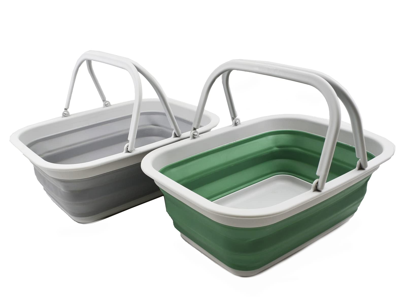 SAMMART 9.2L Collapsible Tub with Handle - Portable Outdoor Picnic Basket/Crater - Foldable Shopping Bag - Space Saving Storage Container (Grey + Dark Sea Green)