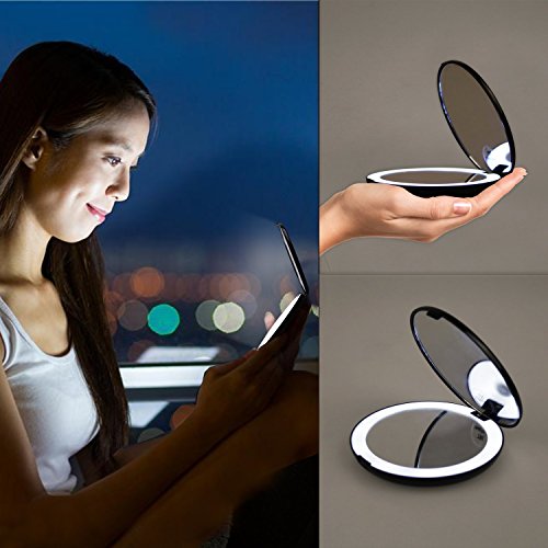 LED Lighted Travel Makeup Mirror, Aixiangpai 1X/10X Double Sided Magnifying and Illuminated Folding Mirror(MINI-BLACK)