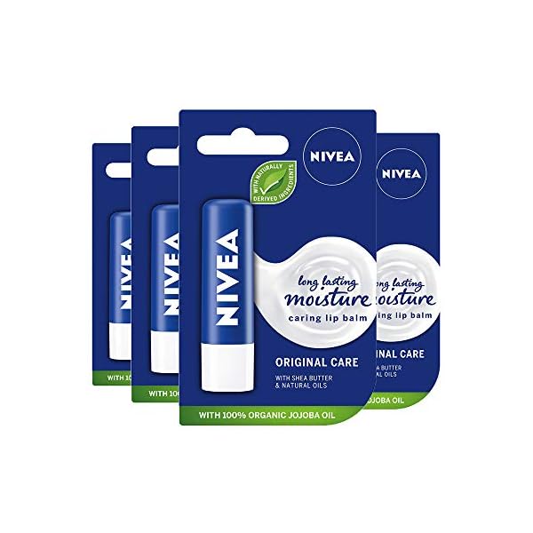 NIVEA-Lip-Balm-Original-Care-Pack-of-4-4-x-48g-Protective-Lip-Moisturiser-with-Shea-Butter-and-Natural-Oils-Caring-Lip-Balm-for-24h-Moisture-Care-Lip-Care-with-Melt-In-Formula NIVEA Lip Balm Original Care Pack of 4 (4 x 4.8g) Protective Lip Moisturiser with Shea Butter and Natural Oils, Caring…