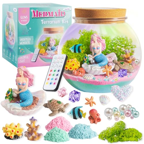Mermaid Light-Up Terrarium Kit for Kids - LED Night Light Birthday Gift for Girls Ages 4 5 6 7 8-12 Year Old - Mermaid Toys for Girls - DIY Arts and Crafts Kit for Kids