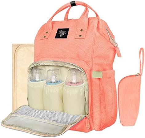 All-in-One Multifunction Diaper Bag Backpack Baby Nappy Bag for Boy and Girl Fit Stroller - with Changing Pad and Insulated Bag,14 Pockets, Coral