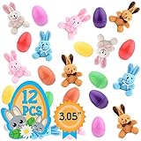 Totem World 12 Plush Bunny Filled 3'' Colorful Easter Eggs Basket Stuffers Plush Bunnies Plastic Easter Eggs Fillers Kids Party Favors Surprise Easter Eggs Hunt Games Supplies Birthday Gifts Toddler Girls Toys Goodies bags
