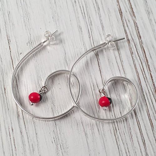 Claudia Lira JoyasStud Post Curved Hoop Sterling Silver 925 with Red and Black Huayruro Seed Earrings, Peruvian 'Good Fortune' G Shape Hoops, Polished Finish, Handmade in Peru