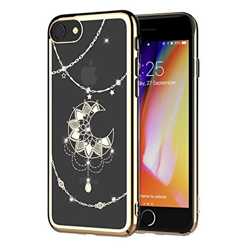 iPhone 8 Case, iPhone7 Case, Clear Case with Swarovski Crystals by ICONFLANG, Slim Case Compatible with Wireless Charging Shockproof Anti-Scratch Finish, Cover for iPhone 8 Cover for iPhone 7 (Gold M)