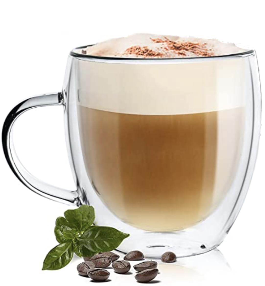 R&SB 250ml Double Walled Glass Coffee Mug, Cappuccino Latte Macchiato Tea Milk Glass Cups Heat Resistant Cup (Handle)