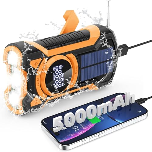 Rechargeable Portable Radio Dynamo with LED Flashlight, Power Bank 5000mAh AM/FM Radio Crank Solar, SOS Alarm/Flashlight/3W Speakers, Outdoor, Emergency