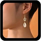 Iaceble Boho Cowrie Shell Earrings Seashell Dangle Earrings Gold Hollow Star Earrings Vintage Cowrie Drop Earrings Jewelry for Women
