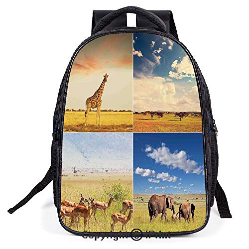 Double Strap Multipurpose Backpack,African Safari Collage Lanscape with Native Animals Grassland Savannahs Mamals Photo,Polyester fiber,Large Capacity