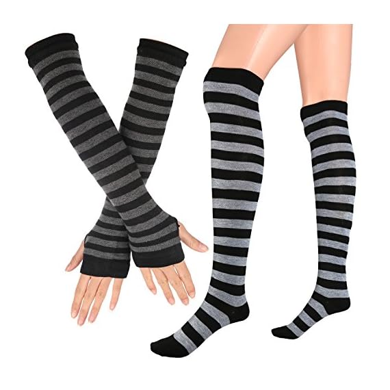 Womens-Extra-Long-Striped-SocksOver-Knee-High-Opaque-Stockings-Long-Arm-Warmer-GlovesPunk-Gothic-Rock-Black-Grey-OneSize
