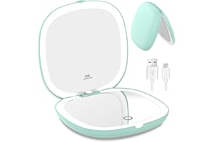wobsion Travel Mirror with Light, Rechargeable 1x/10x Compact Magnifying Mirror, Dimmable Pocket Mirror,Handheld 2-Side Mirror with Light,4inch Travel Size,Portable for Handbag,Purse,Gift,Cyan