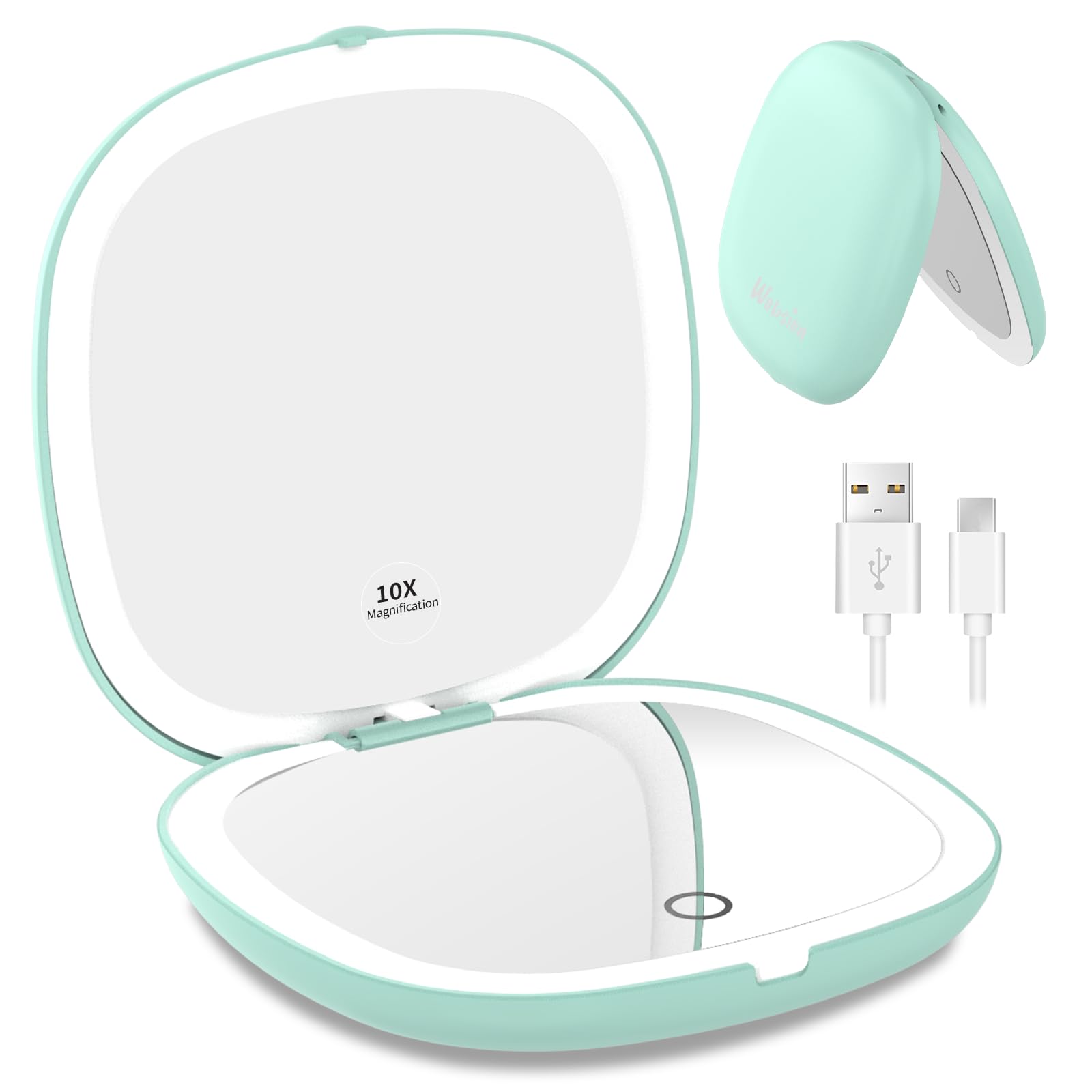 WOBSION Travel Mirror with Light for Makeup, 1x/10x Magnifying Compact Mirror for Handbag, 10cm Rechargeable Pocket Mirrors, 2-Side Dimmable Led Light up Mirrors, Handheld, Gifts for Women, Cyan