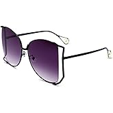 Armear Women Oversized Semi Rimless Sunglasses Retro Metal Frame Glasses Fashion Pearl Design