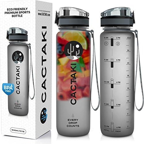 Cactaki Water Bottle with Time Marker, Large BPA Free Water Bottle, Non-Toxic, 1 Liter 32 Oz, for Fitness and Outdoor Enthusiasts, Leakproof and Durable