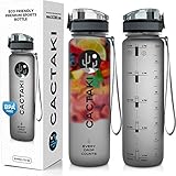 Cactaki Water Bottle with Time Marker, Large BPA Free Water Bottle, Non-Toxic, 1 Liter 32 Oz, for Fitness and Outdoor Enthusiasts, Leakproof, Durable