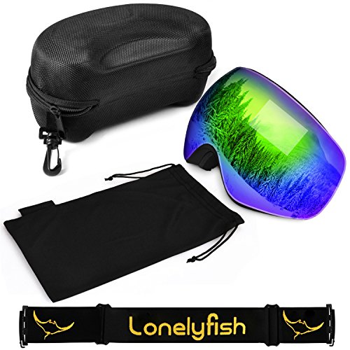 Ski Goggles, Frameless Snowboard Goggles Interchangeable Double Lens with Longer Elastic Strap&Protective Case for Men Women Youth - Anti Fog, 100% UV400 Protection, FDA & CE Green(VLT24.3%))