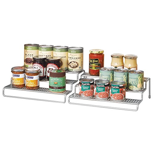 mDesign Adjustable, Expandable Kitchen Cabinet, Pantry, Shelf Organizer/Spice Rack - 3 Level Storage - Up to 25" Wide, Pack of 2, Silver Finish - Thumbnail 5