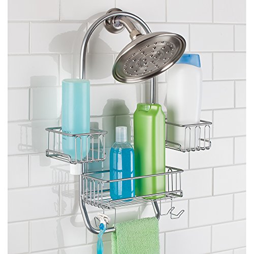mDesign Swing Bathroom Shower Caddy for Tall Shampoo and Conditioner Bottles, Silver