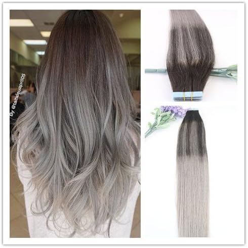 Tape In Hair Extentions Ombre Color Brown 2# Fading to Grey 20pcs/50g Human Remy Hair Extensions Silky Straight 16inch