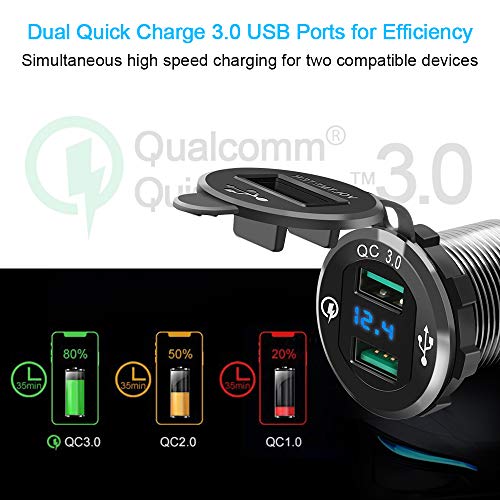 Opluz Dual QC3.0 USB Car Charger, Quickly Charge 4.8A USB Car Socket x2&Waterproof Power Outlet with LED Voltmeter for 12V/24V Car, Boat, Marine, RV, Motorcycle Mobile Build-in 10A Fuse Car Kit-Black
