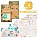 Green Estate Reusable Beeswax Wrap and Mesh Produce Bag Bundle - 4 Pack Food Storage Wrap + 4 Mesh Produce Storage Bags - Eco-Friendly, Plastic Free, Sustainable (Teal Cactus)
