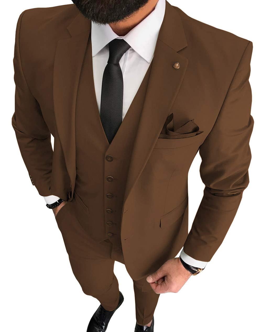 Photo 1 of 3 Pieces Business Mens Suit Notch Lapel Blazer Formal Wedding Groom Pants Tux Vest Tuxedos(Brown,XL)