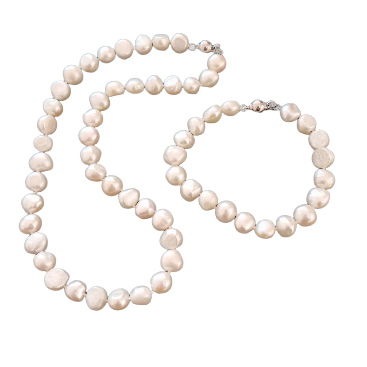 Treasure Bay Womens Large Pearl necklace set 9-10mm White, Pink Pearl Necklace, Bracelet and Earrings Pearl Jewellery Set (White)