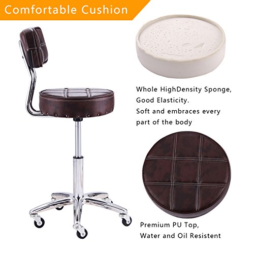 Rfiver 13.2inch Seat Cushion Ergonomic PU Leather Adjustable Rolling Office Work Stool Chair Swivel Home Desk Chairs with Backrest and Chrome Metal Base in Brown SC1003-2 - Thumbnail 3