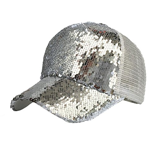 Paymenow Baseball Cap for Women, Girls Sequins Messy Outdoor Trucker Hat Ponytail Adjustable Ponytail Holder Visor Snapback (Silver)