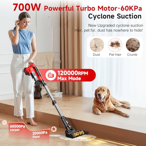 700W Cordless Vacuum Cleaner, 2×4000mAh Brushless Vacuum Cleaners for Home, 6 in 1 Lightweight Stick Vacuum 60kPa, 3 Suction, Portable Handheld Cordless Vacuum for Pet Hair/Hardwood Floor/Dorm Red