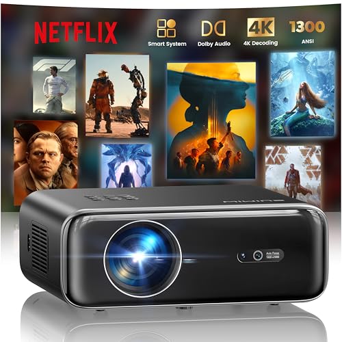 Smart Beamer, jetzt mit Netflix, Dolby Audio, WiMiUS 1300 ANSI Autofokus/6D Trapezkorrektur Led Beamer 4K Heimkino Unterstützt, WiFi Bluetooth Full HD