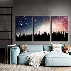 3 Piece Canvas Wall Art - Forest at Night and The Spectacular Galaxy - Modern Home Art Stretched and Framed Ready to Hang - 16"x24"x3 Panels