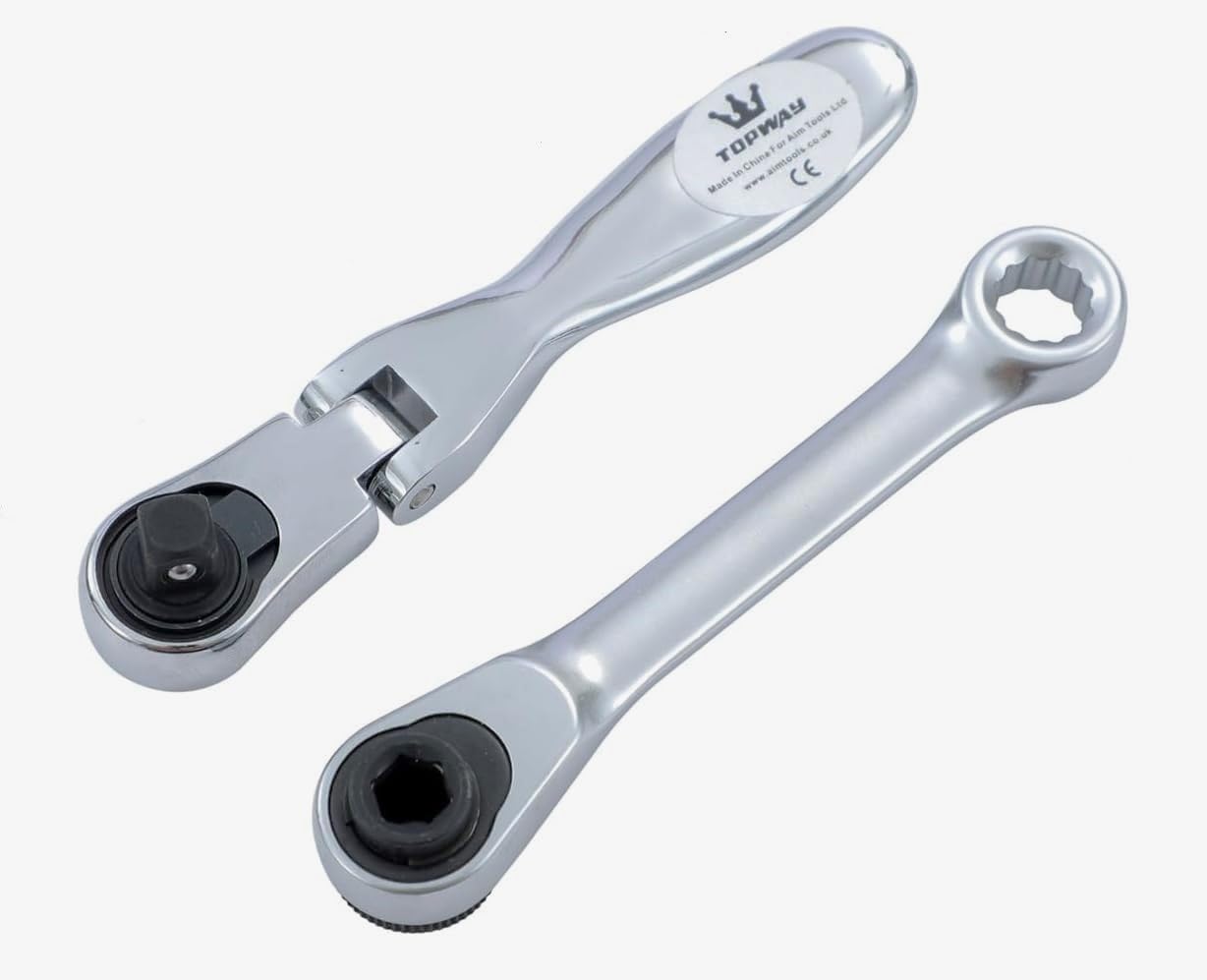 TOPWAY Mini Ratchet Wrench Set 2PCs 1/4 Inch Drive Lockable Flexi Head 72-Teeth Reversible Ratchet and Dual Head Ratchet Socket Wrench Handle, Auto Repair Mechanical Tool
