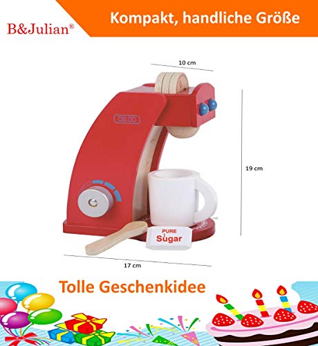 B&Julian Kaffeemaschine Spielzeug aus Holz mit 3 Kaffeepads Becher Milch Zucker Zubehör Kinderküche Set 8 TLG. für… – Bild 6